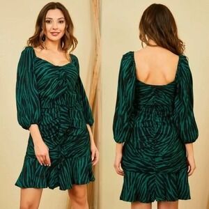 Zara Mini Dress Size XS Green/Black Zebra Animal Print Ruched Ruffle Puff Sleeve